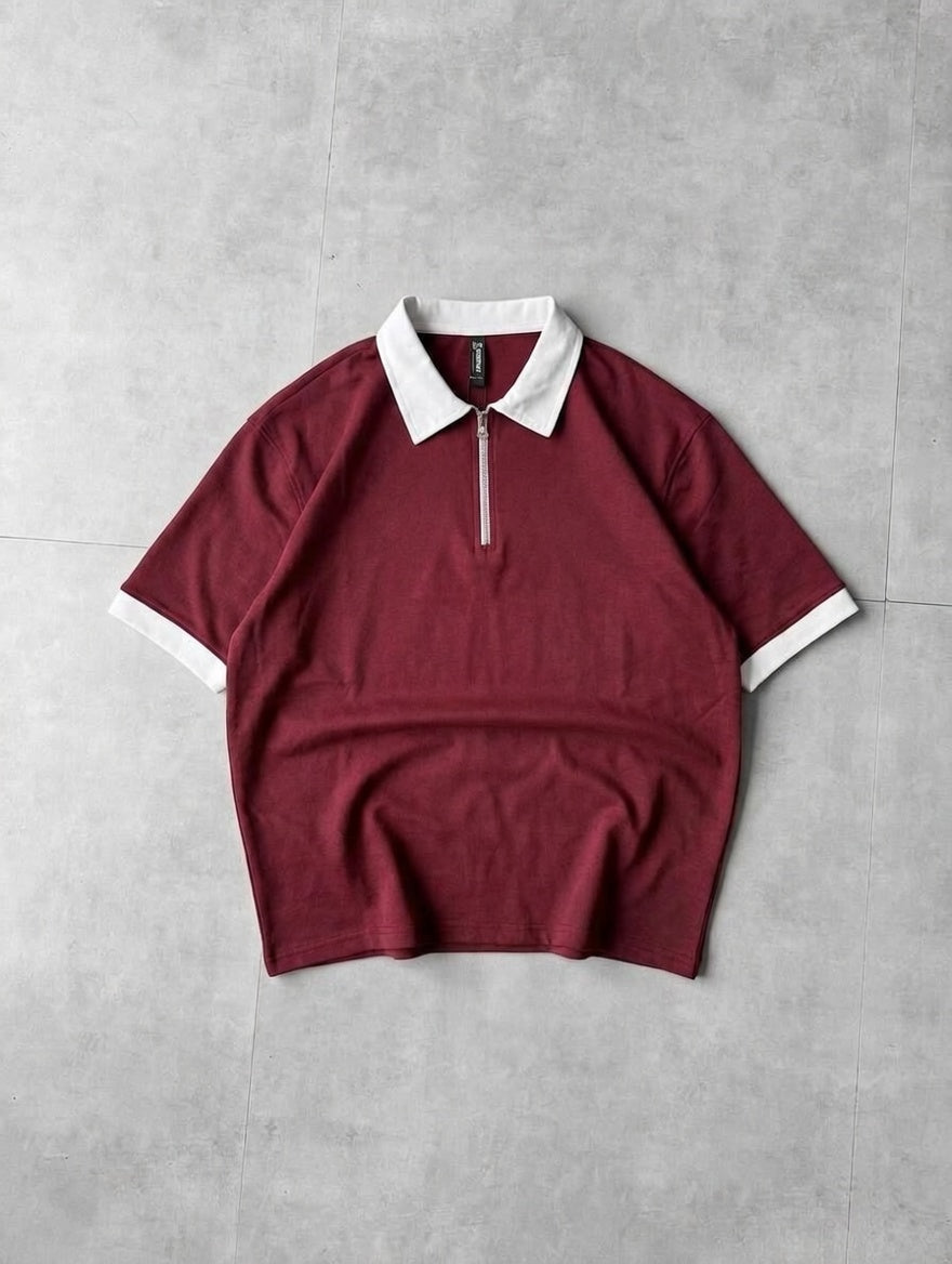 Back Print Zip Polo Shirt β Drop Shoulder Fine Terry Oversized T-Shirt