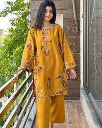2PC Embroidered Linen Dress for Women β Long Sleeve Shirt with Trouser (Soft Casual & Formal Wear)