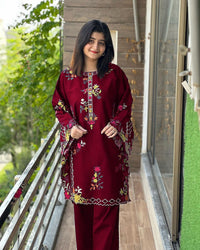 2PC Embroidered Linen Dress for Women β Long Sleeve Shirt with Trouser (Soft Casual & Formal Wear)