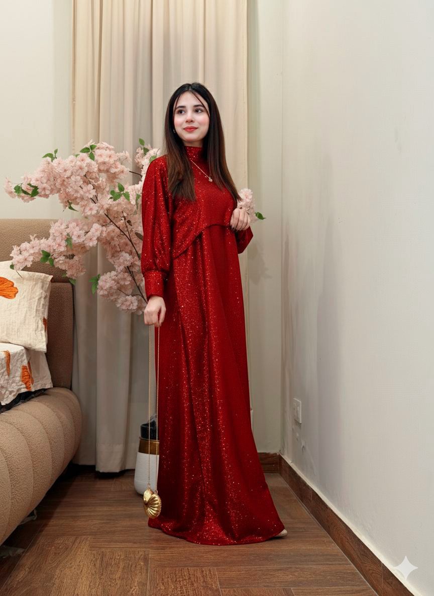 2PC Moonlight Glitter Maxi Dress Set for Women β Drop Shoulder Top with Long Maxi (Party & Festive Wear)