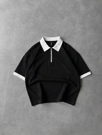 Back Print Zip Polo Shirt β Drop Shoulder Fine Terry Oversized T-Shirt