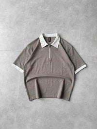 Back Print Zip Polo Shirt – Drop Shoulder Fine Terry Oversized T-Shirt